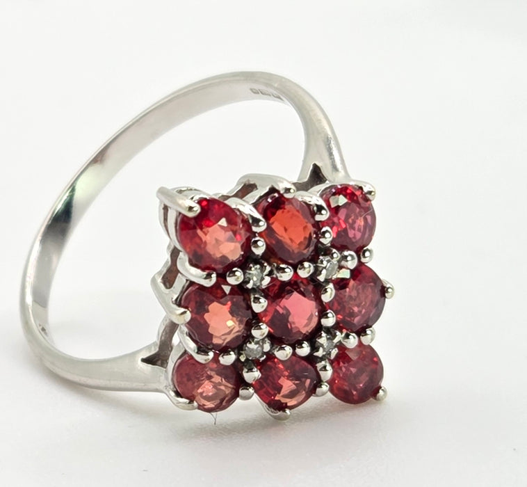 2533; Vintage 9ct White Gold Rubies Diamonds Geometric Set Cluster Ring