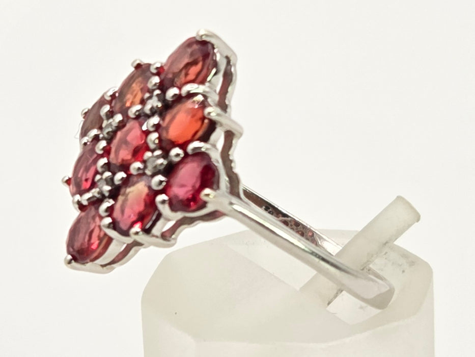 2533; Vintage 9ct White Gold Rubies Diamonds Geometric Set Cluster Ring