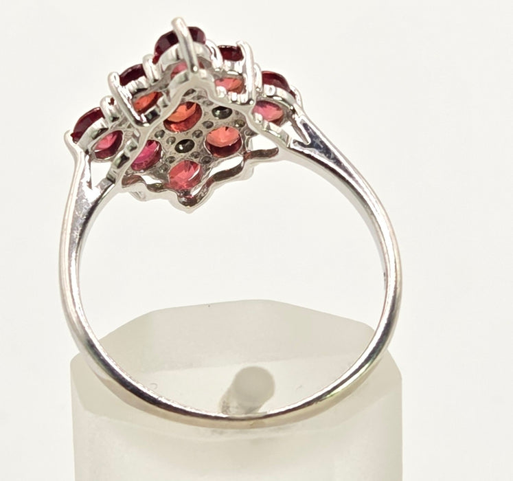 2533; Vintage 9ct White Gold Rubies Diamonds Geometric Set Cluster Ring
