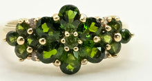 Load image into Gallery viewer, 2534: Vintage; 9ct Gold 15 Green Diopsides Diamonds Cluster Ring
