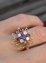 Load image into Gallery viewer, 2561: Vintage 18ct Gold Rubies Diamonds Sunburst Openwork Cocktail Ring
