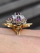 Load image into Gallery viewer, 2561: Vintage 18ct Gold Rubies Diamonds Sunburst Openwork Cocktail Ring
