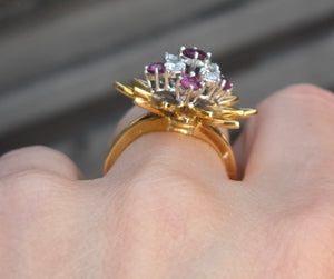 2561: Vintage 18ct Gold Rubies Diamonds Sunburst Openwork Cocktail Ring