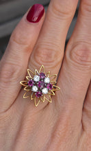 Load image into Gallery viewer, 2561: Vintage 18ct Gold Rubies Diamonds Sunburst Openwork Cocktail Ring
