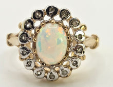 Load image into Gallery viewer, 2536: Vintage 9ct Gold Cabochon Cut White Opal 14 Natural Diamonds Cluster Ring
