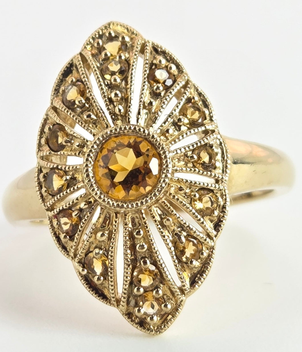 2547: 9ct Gold 15 Yellow Citrines Art Deco Style Sunburst Ring