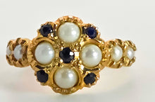 Load image into Gallery viewer, 2555- Vintage 9ct Gold Blues Sapphires Pearls Geometric Set Dress Ring
