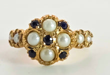 Load image into Gallery viewer, 2555- Vintage 9ct Gold Blues Sapphires Pearls Geometric Set Dress Ring
