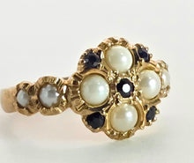 Load image into Gallery viewer, 2555- Vintage 9ct Gold Blues Sapphires Pearls Geometric Set Dress Ring
