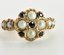 Load image into Gallery viewer, 2555- Vintage 9ct Gold Blues Sapphires Pearls Geometric Set Dress Ring

