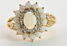 Load image into Gallery viewer, 2564: Vintage 9ct Gold 15 White Opals 12 Diamonds Cluster Ring
