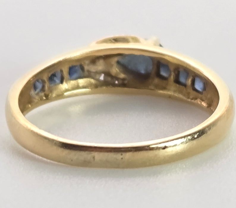 2378: Vintage; 18ct Gold Blue Sapphires Diamonds Dress/ Stacker Ring