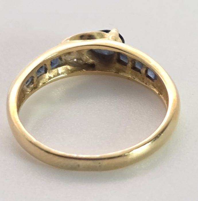 2378: Vintage; 18ct Gold Blue Sapphires Diamonds Dress/ Stacker Ring