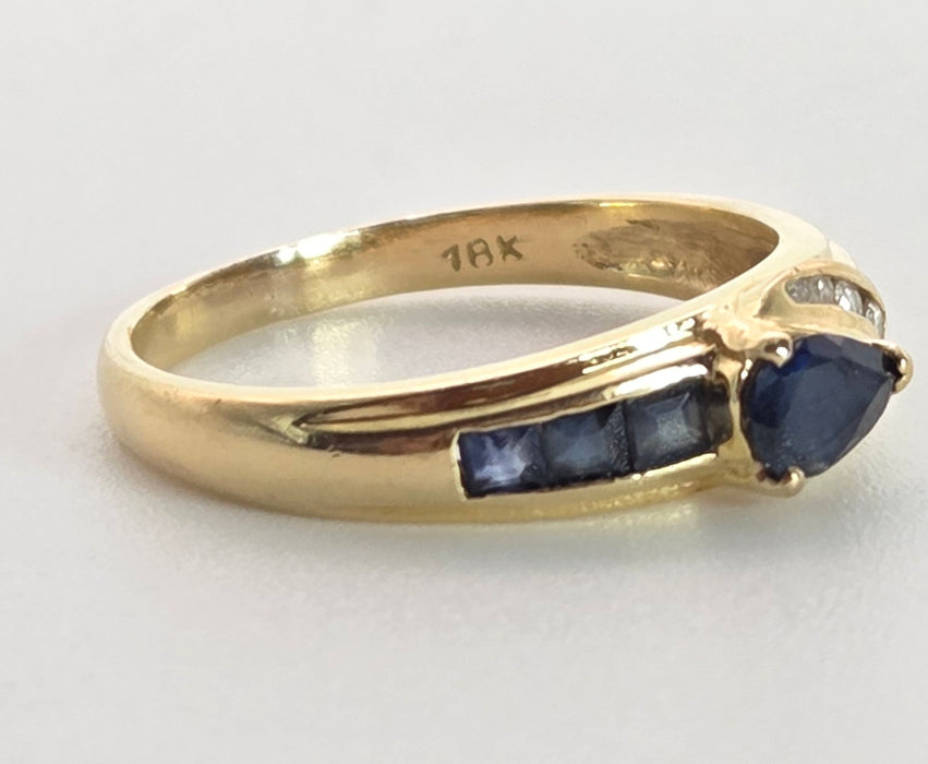 2378: Vintage; 18ct Gold Blue Sapphires Diamonds Dress/ Stacker Ring