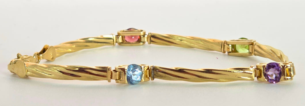 2381: Vintage: 9ct Gold Multi-Gem Ribbon Link Bracelet (18cm)