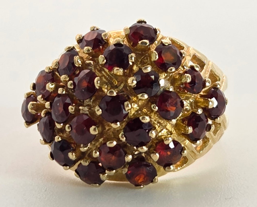 2388: Vintage: 9ct Gold 23 Garnets Geometric Set Statement Cluster Ring