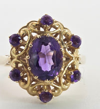 Load image into Gallery viewer, 2437: Vintage: Statement 9ct Gold Openwork Amethysts Openwork Ring- From 1975
