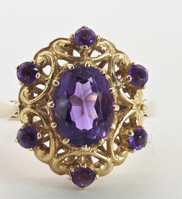 Vintage: 9ct Yellow Gold Amethyst Openwork Statement Cluster Ring — From 1975