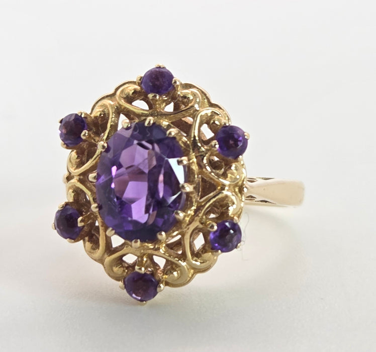 Vintage: 9ct Yellow Gold Amethyst Openwork Statement Cluster Ring — From 1975