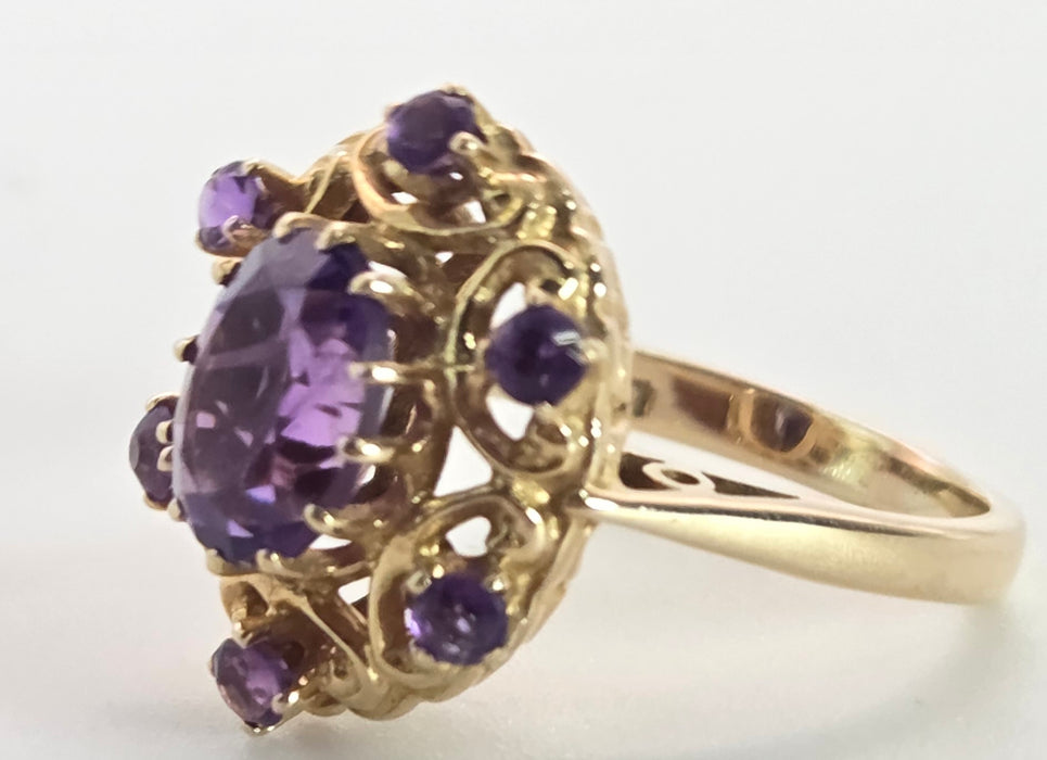 Vintage: 9ct Yellow Gold Amethyst Openwork Statement Cluster Ring — From 1975