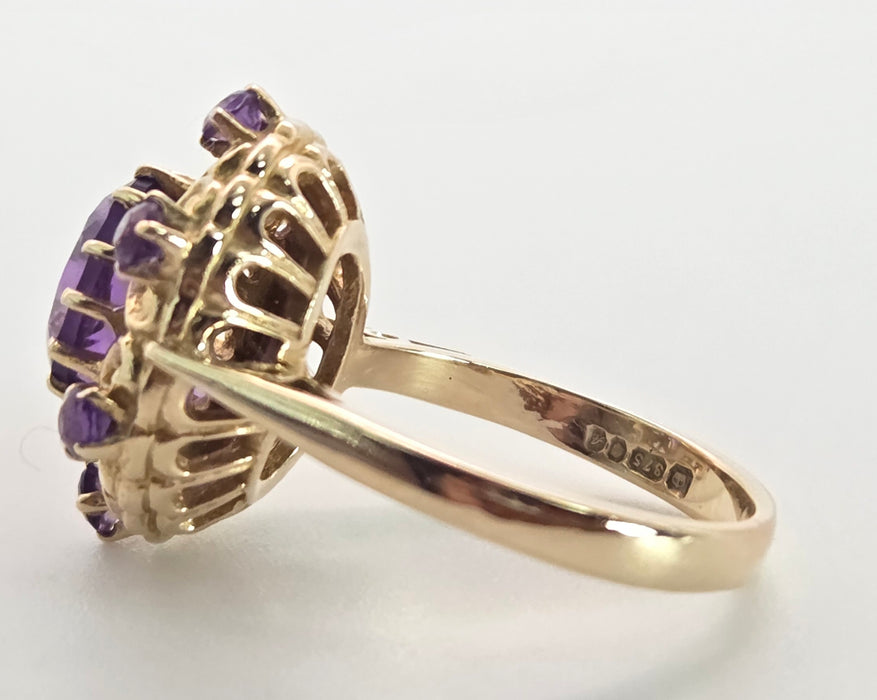 Vintage: 9ct Yellow Gold Amethyst Openwork Statement Cluster Ring — From 1975