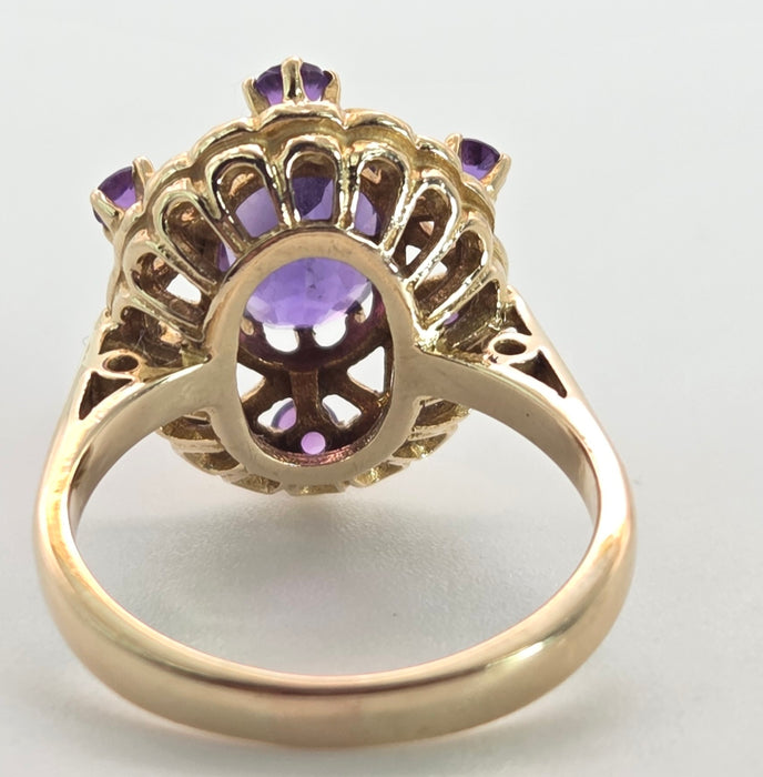 Vintage: 9ct Yellow Gold Amethyst Openwork Statement Cluster Ring — From 1975
