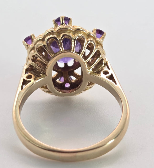 Vintage: 9ct Yellow Gold Amethyst Openwork Statement Cluster Ring — From 1975