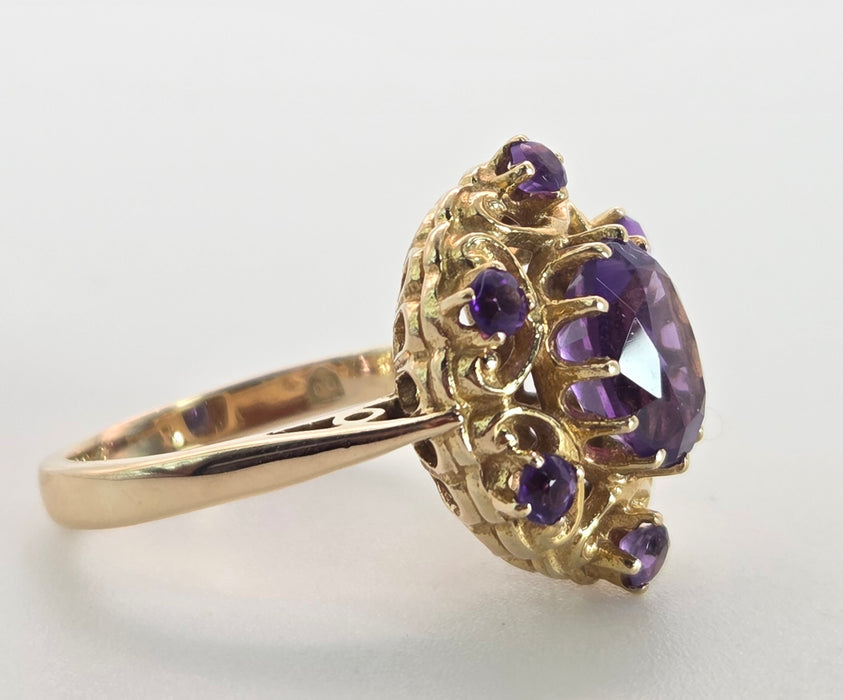 Vintage: 9ct Yellow Gold Amethyst Openwork Statement Cluster Ring — From 1975