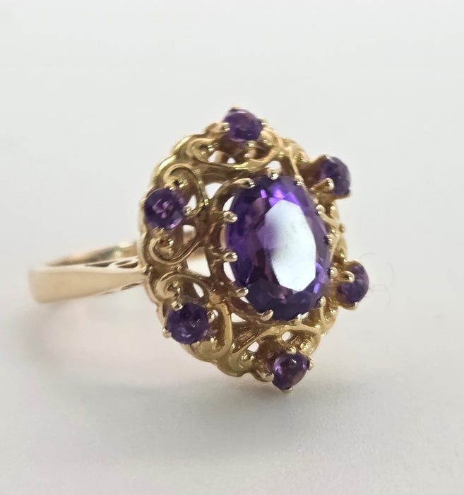 Vintage: 9ct Yellow Gold Amethyst Openwork Statement Cluster Ring — From 1975