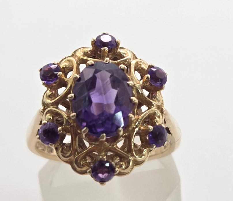 Vintage: 9ct Yellow Gold Amethyst Openwork Statement Cluster Ring — From 1975