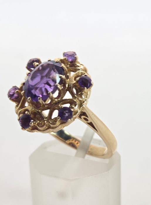 Vintage: 9ct Yellow Gold Amethyst Openwork Statement Cluster Ring — From 1975