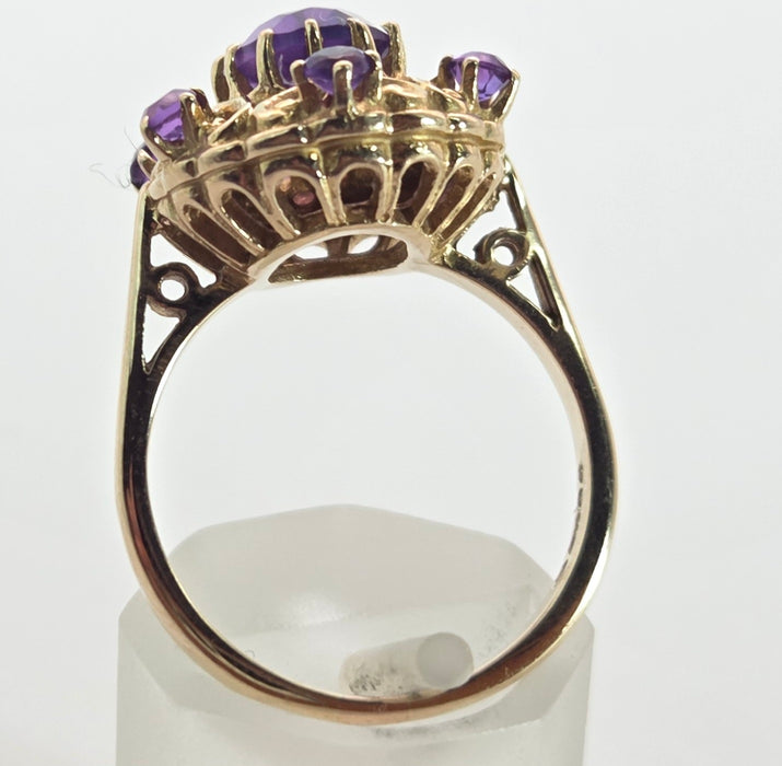 Vintage: 9ct Yellow Gold Amethyst Openwork Statement Cluster Ring — From 1975
