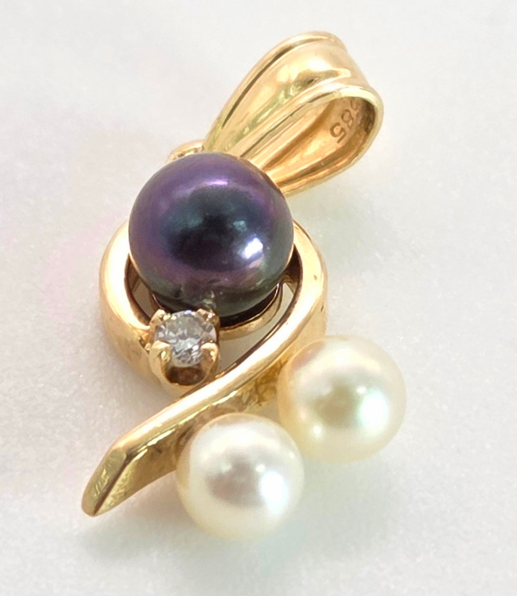 0143- Vintage 14ct Gold Tahitian Pearls Diamonds Pendant