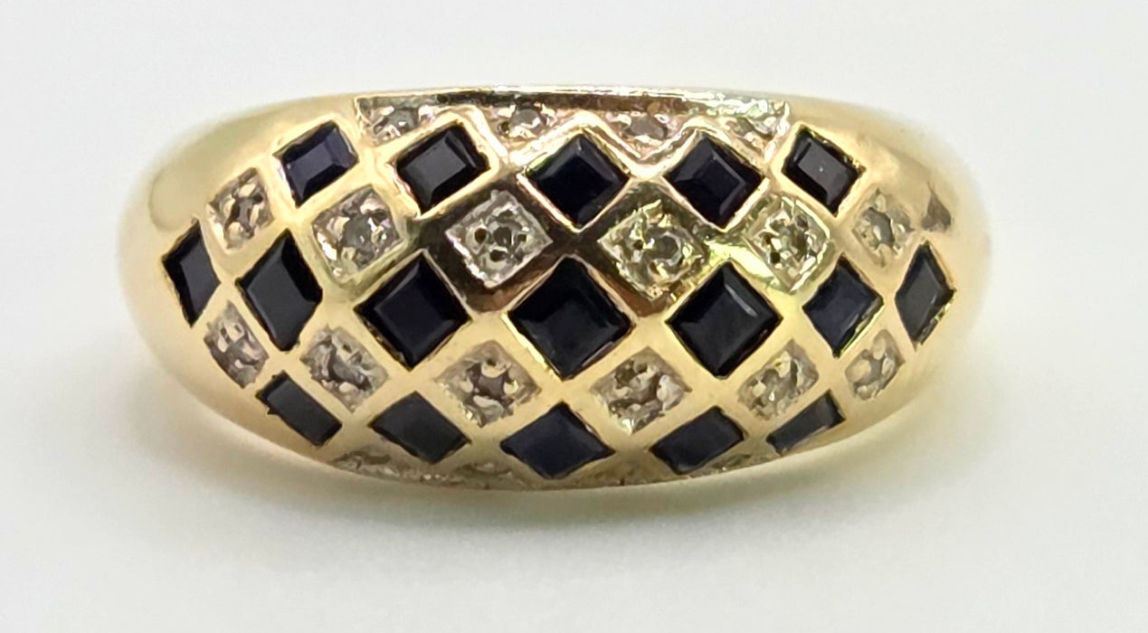 Vintage: 9ct Gold Blue Sapphire & Natural Diamond Geometric Lattice Dress Ring