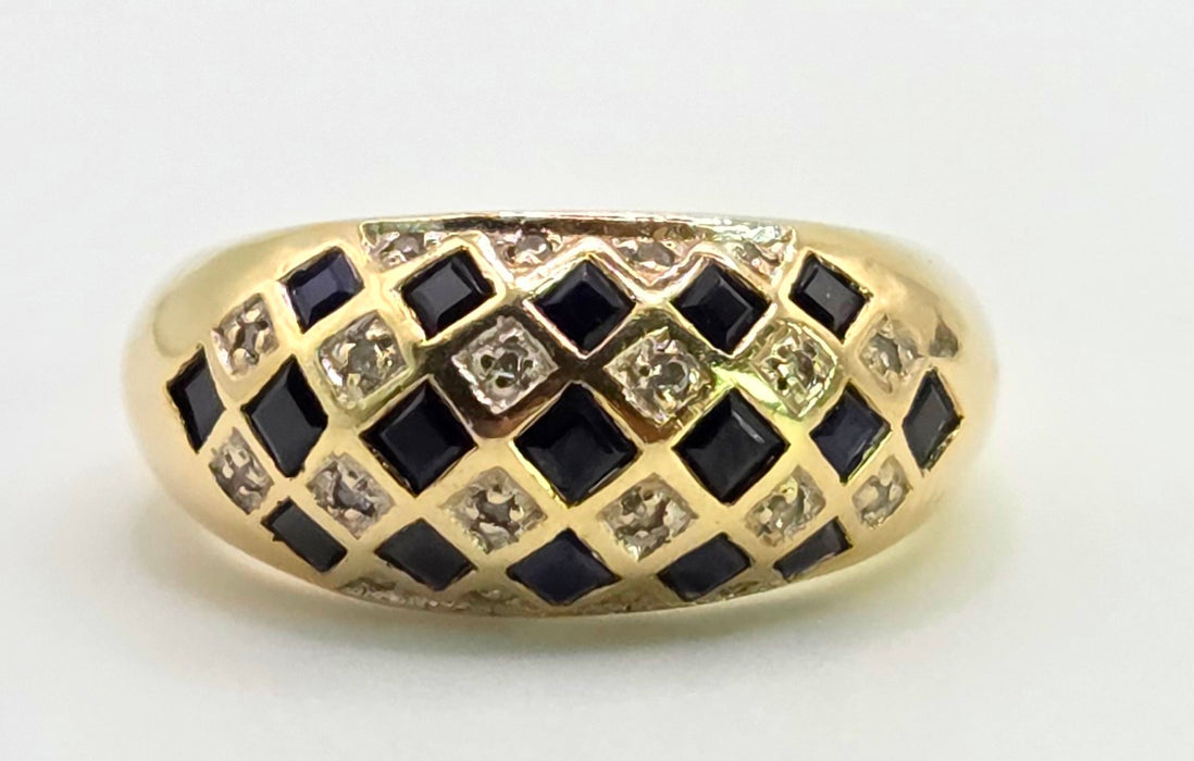 Vintage: 9ct Gold Blue Sapphire & Natural Diamond Geometric Lattice Dress Ring