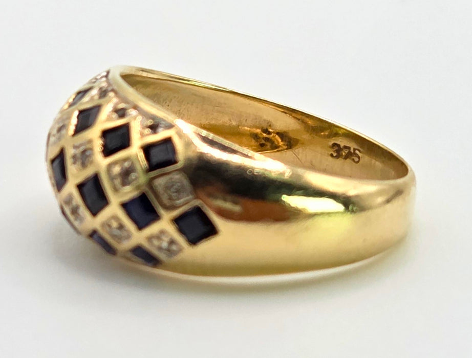 Vintage: 9ct Gold Blue Sapphire & Natural Diamond Geometric Lattice Dress Ring