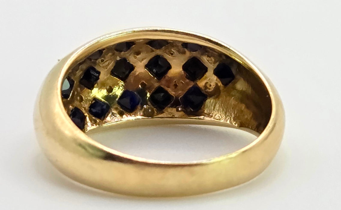 Vintage: 9ct Gold Blue Sapphire & Natural Diamond Geometric Lattice Dress Ring