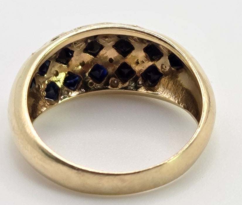 Vintage: 9ct Gold Blue Sapphire & Natural Diamond Geometric Lattice Dress Ring
