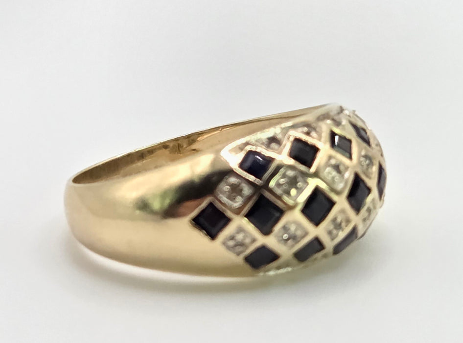 Vintage: 9ct Gold Blue Sapphire & Natural Diamond Geometric Lattice Dress Ring