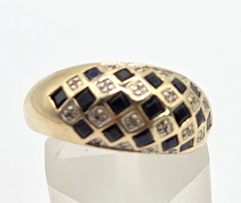 Vintage: 9ct Gold Blue Sapphire & Natural Diamond Geometric Lattice Dress Ring