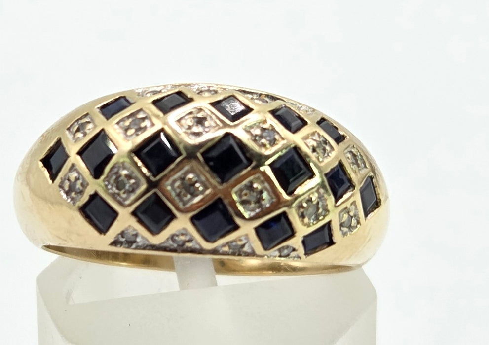 Vintage: 9ct Gold Blue Sapphire & Natural Diamond Geometric Lattice Dress Ring