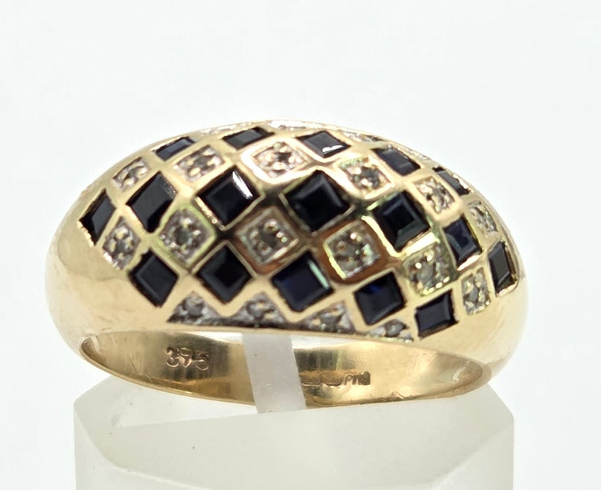 Vintage: 9ct Gold Blue Sapphire & Natural Diamond Geometric Lattice Dress Ring