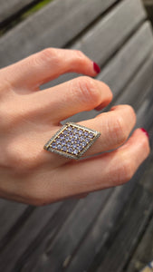 6191 Vintage: 9ct Gold  Blue Tanzanites Diamonds Geometric Set Statement Ring