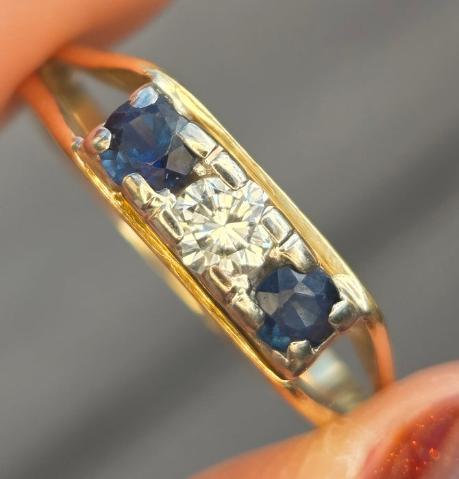 2415 Vintage: 18ct Gold French Blue Sapphires Natural Diamond 3-Stone Ring