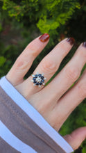 Load image into Gallery viewer, 6234 Vintage: 18ct Gold 8 Blue Sapphires 9 Round Cut Diamonds Flower Head Ring- From 1975
