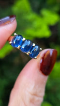 Load image into Gallery viewer, 2451 Vintage: 9ct Gold Cabochon Cornflower Blue Sapphire Trilogy Ring

