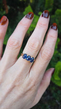 Load image into Gallery viewer, 2451 Vintage: 9ct Gold Cabochon Cornflower Blue Sapphire Trilogy Ring
