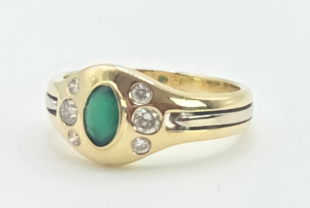6526 Vintage: 18ct Yellow & White Gold Emerald & Diamond Art Deco Inspired Oval Dress Ring