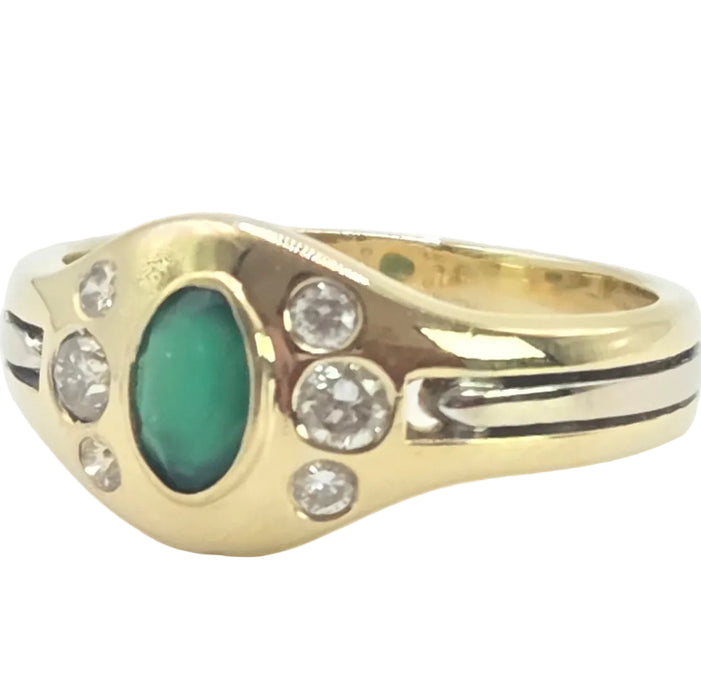 6526 Vintage: 18ct Yellow & White Gold Emerald & Diamond Art Deco Inspired Oval Dress Ring