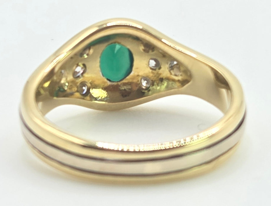 6526 Vintage: 18ct Yellow & White Gold Emerald & Diamond Art Deco Inspired Oval Dress Ring